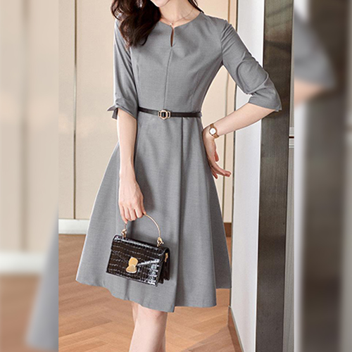 ◈[당일발송] 포멀 벨트 플레어 미디 원피스