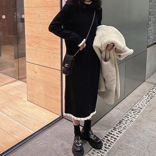 시크 배색 니트 원피스 