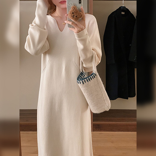 [당일발송]심플 브이넥 골지 니트 원피스