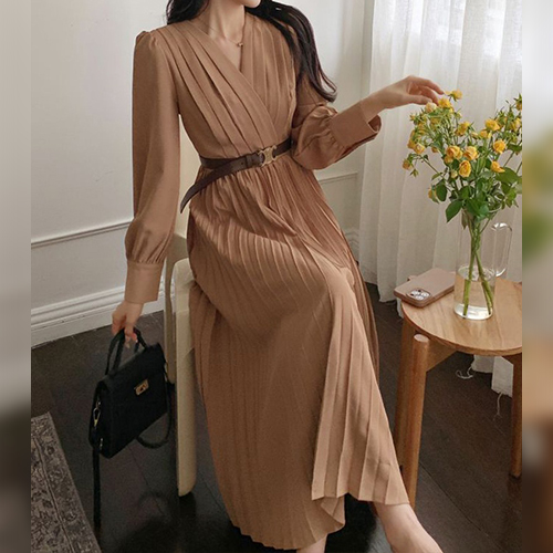 ◈[당일발송]핀턱 브이넥 벨티드 플리츠 원피스