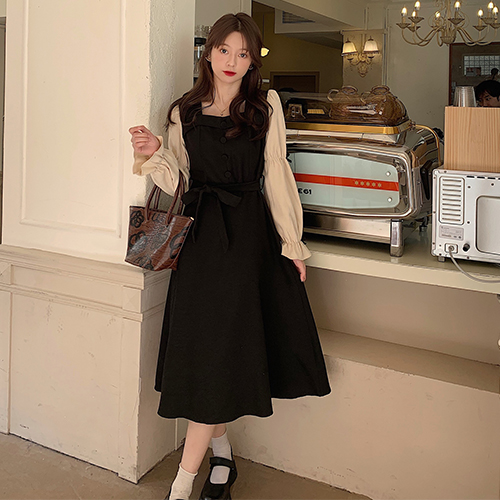 ◈[당일발송] 블랙 리본 스트랩 스퀘어넥 원피스