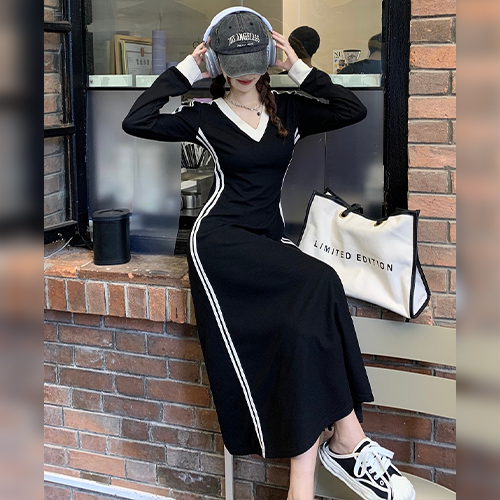 ◈[당일발송] 브이넥 심플 라인 롱 원피스