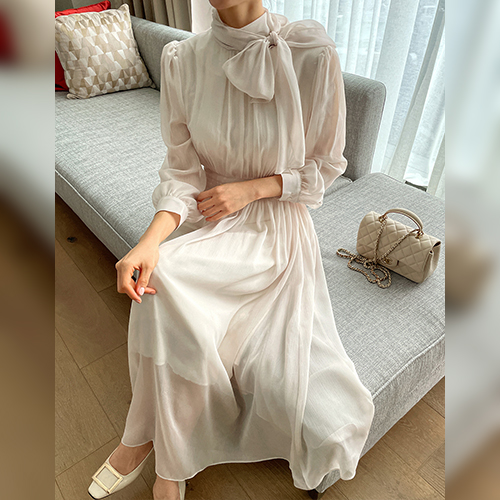 [당일발송] 우아한 시스루 리본넥 원피스