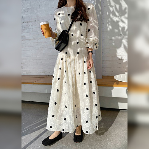 ◈[당일발송] 도트 플레어 롱 원피스