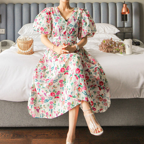 플로럴 가든 브이넥 페미닌 원피스