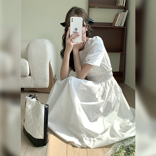 ◈[당일발송] 퍼프소매 밴딩 셔링 플레어 원피스