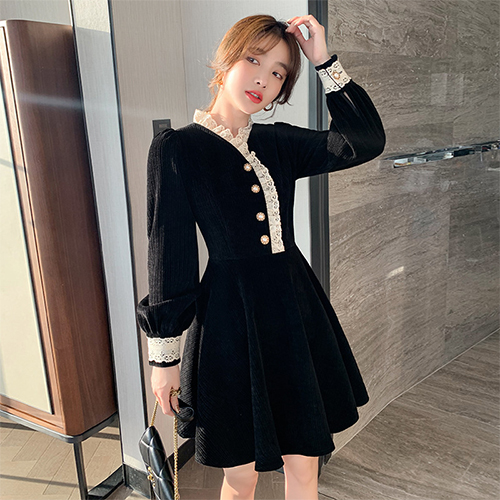 ◈[당일발송] 페미닌 레이스 코듀로이 미니 원피스