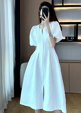 퍼프소매 A라인 집업 원피스