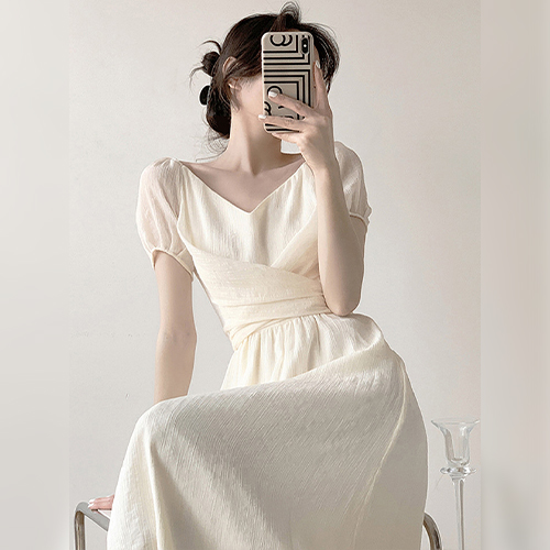  브이넥 리본 퍼프 페미닌 원피스