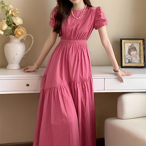 ◈[당일발송] ★수요특가 자정마감 50%★핑크 셔링 퍼프 롱 원피스