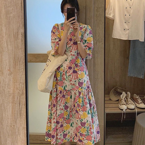 ◈[당일발송] 화사한 플로럴 패턴 롱 원피스