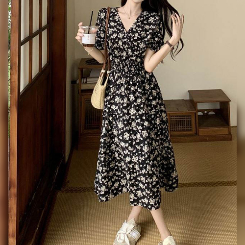 .잔꽃 브이넥 밴딩 여리핏 원피스