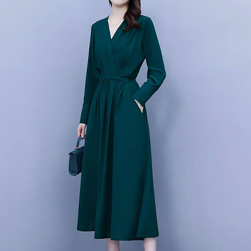 ◈[당일발송] 세련된 무드 그린 브이넥 원피스