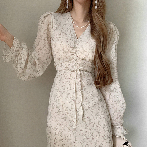 ◈[당일발송] 쉬폰 플라워 셔링 롱 원피스