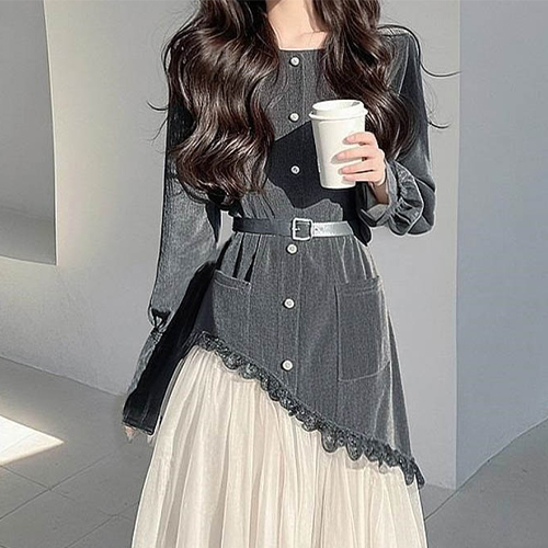 언발 시스루 믹스 벨트 원피스