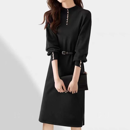 버튼 모크넥 니트 원피스&벨트 2SET