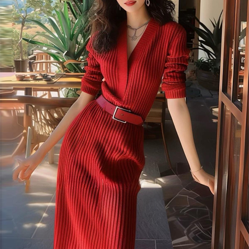 골지 브이넥 니트 원피스&벨트 2SET