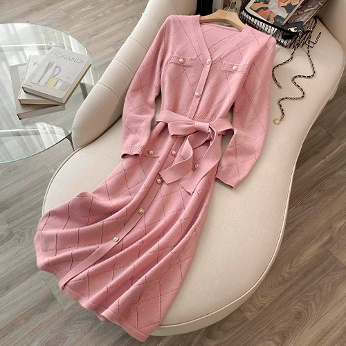 ◈[당일발송] 벨티드 핑크 다이아 니트 원피스