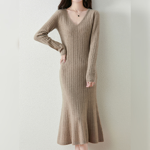 슬림핏 골지 브이넥 니트 롱원피스