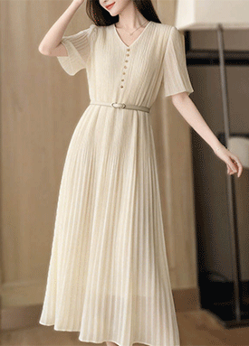 브이넥 버튼 플리츠 롱 원피스