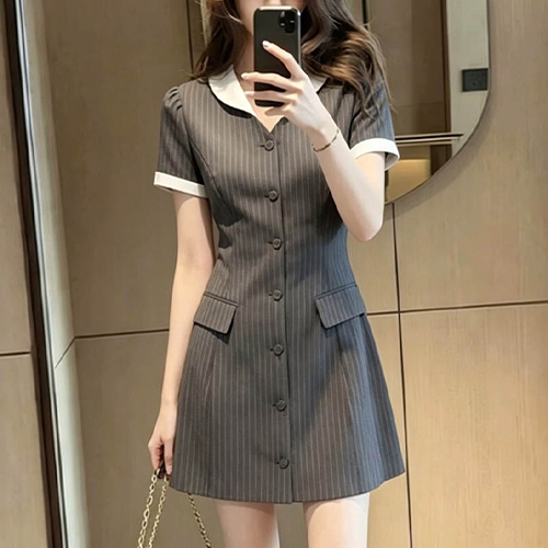 핀스트라이프 배색 카라 미니 원피스