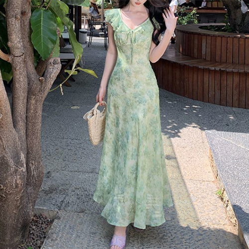 *[당일발송] 그린 플라워 로맨틱 브이넥 원피스