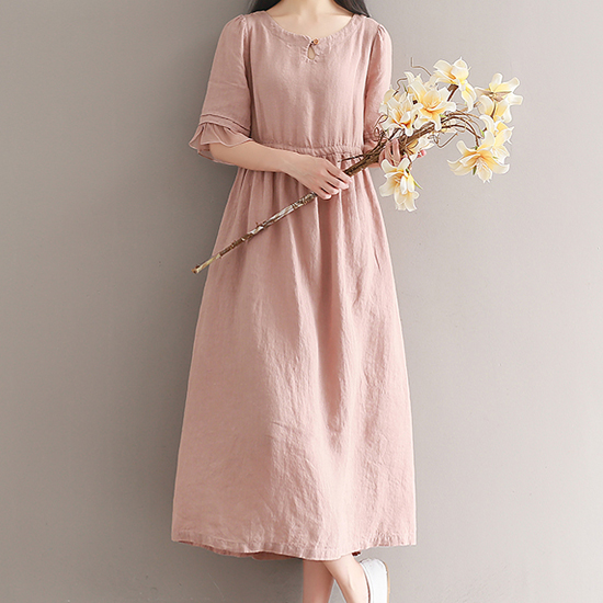 플리츠 소매 린넨 원피스