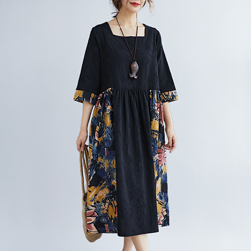 [당일발송] 루즈핏 스퀘어 넥 플라워 롱 원피스