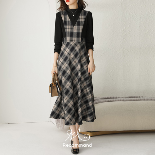 체크 배색 원피스