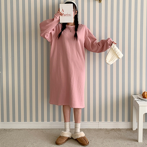 벌룬 소매 루즈핏 기모 원피스