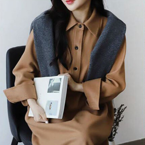 ◈[당일발송] 울 반단작 카라 롱 루즈핏 원피스