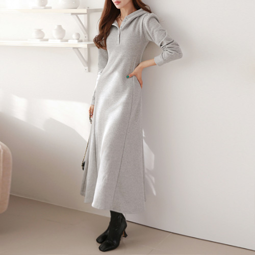  기모 후드 A라인 롱 원피스