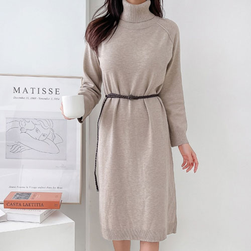◈[당일발송] 울 목폴라 나그랑 벨트 니트 H라인 롱 원피스#