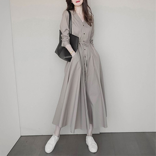브이넥 그레이 리본 롱 원피스