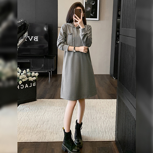 ◈[당일발송]캐주얼 그레이 포켓 후드 원피스
