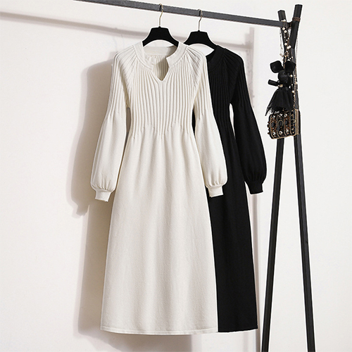 브이넥 퍼프 골지 니트 원피스