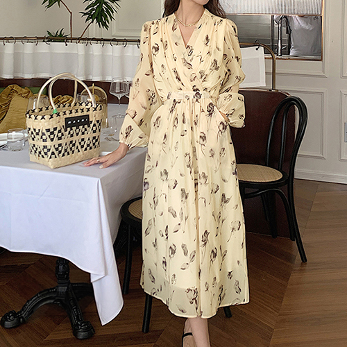 ◈[당일발송] 플라워 셔링 리본끈 브이넥 원피스