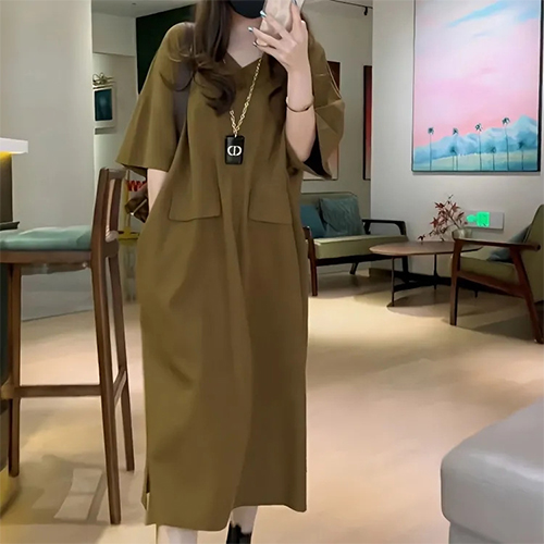 ◈[당일발송] 캐주얼 루즈핏 포켓 카키 원피스