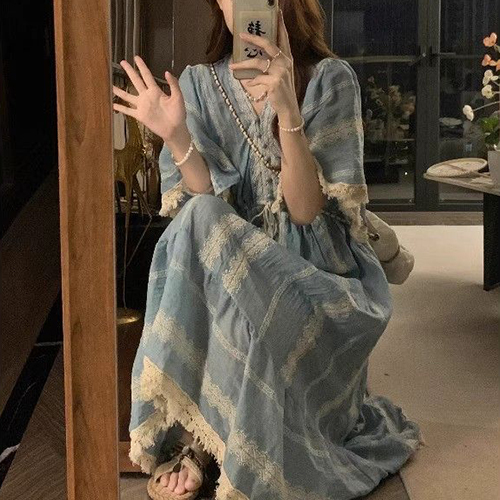 [당일발송]에스닉 자수 블루 원피스