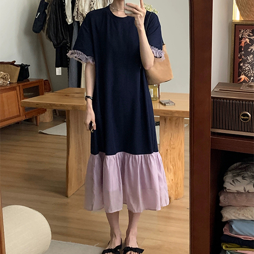 ◈[당일발송] ★일요특가 24%★여름 시스루 배색 반팔 롱 원피스