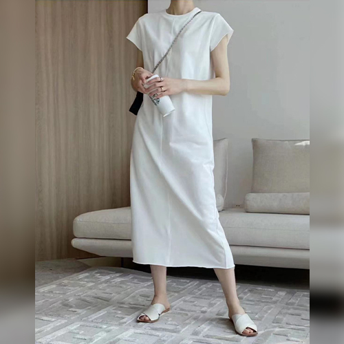 ◈[당일발송]심플 캡소매 라운드 롱 원피스