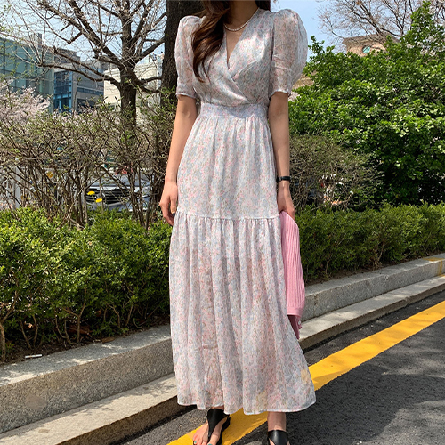 ◈[당일발송] 여리 플라워 랩 퍼프 원피스