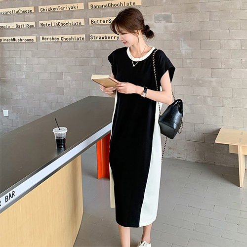 ◈[당일발송] 캐주얼 배색 캡소매 원피스