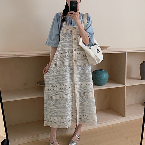 ◈[당일발송] 앤틱 라운드 블루 원피스&패턴 끈나시 롱 베스트