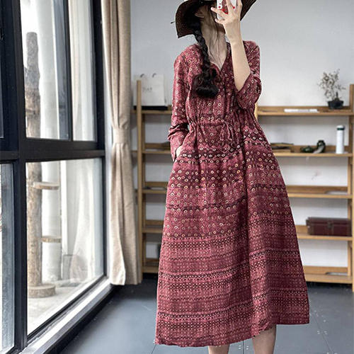 스몰 플라워 브이넥 A라인 원피스