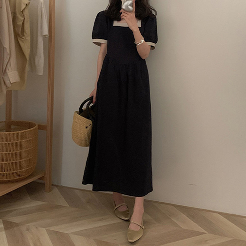 [당일발송]단아한 심플 스퀘어 반팔 원피스