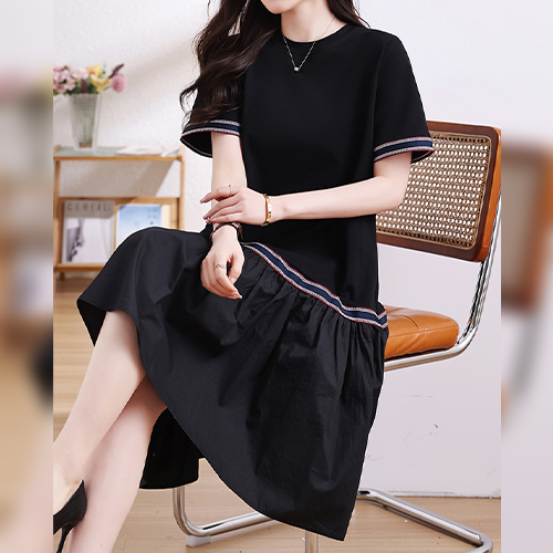 ◈[당일발송] 배색 라인 블랙 반팔 원피스