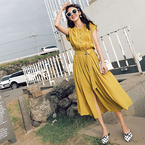 내츄럴 브이넥 벨티드 롱 원피스