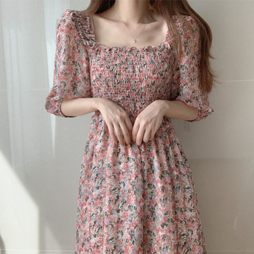 쉬폰 플라워 스퀘어 밴딩 원피스