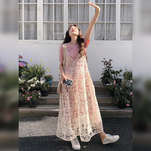 시스루 레이스 뷔스티에&베이직 핑크 반팔 원피스 2SET